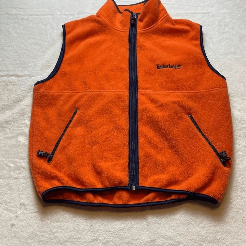 Timberland Vintage 1997 Orange Fleece Vest Full Zip Pockets Men's Medium